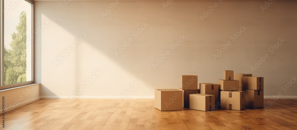 A room with numerous boxes scattered across the floor, creating a ...