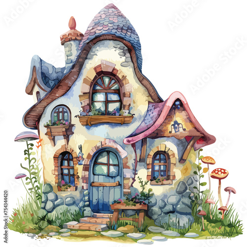 A whimsical fairy tale cottage. watercolor clipart isolated