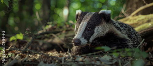 A watchful badger peeking through underbrush in a natural forest habitat. © VK Studio