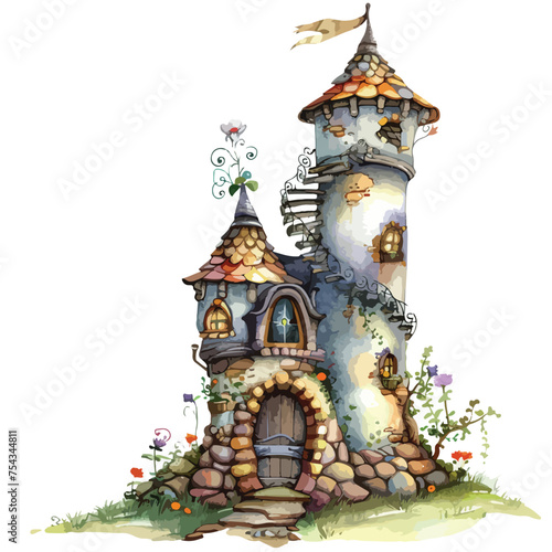 A whimsical wizards tower. watercolor clipart isolated