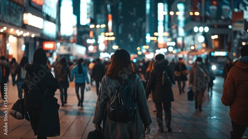 An unrecognizable mass of people walking around the city at nighttime