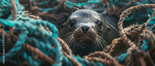 Curious seal peeks through a maze of fishing nets with soulful eyes.