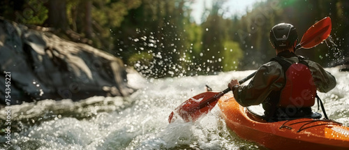 A kayaker tackles white-water rapids, immersed in an exhilarating outdoor adventure.