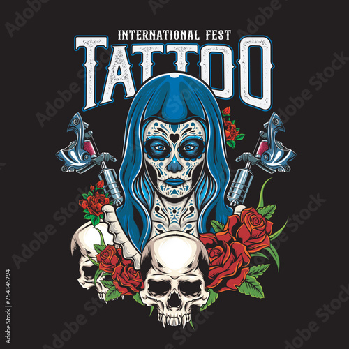 Vector Illustration of Tattoed Girl, Skulls, Roses, and Tattoo Tools with Vintage Hand Drawing Style Available for Tshirt Design