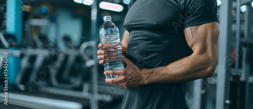 Man holding water bottle with gym equipment in the background.