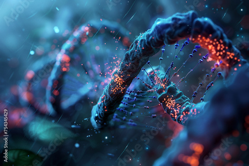 Depicting the dynamic process of DNA transcription with a close-up image of RNA polymerase enzymes navigating along a DNA strand, transcribing genetic information into messenger RN photo
