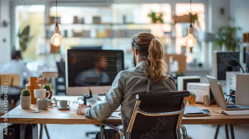 People working at a desk with a PC in a modern office. Generative AI.