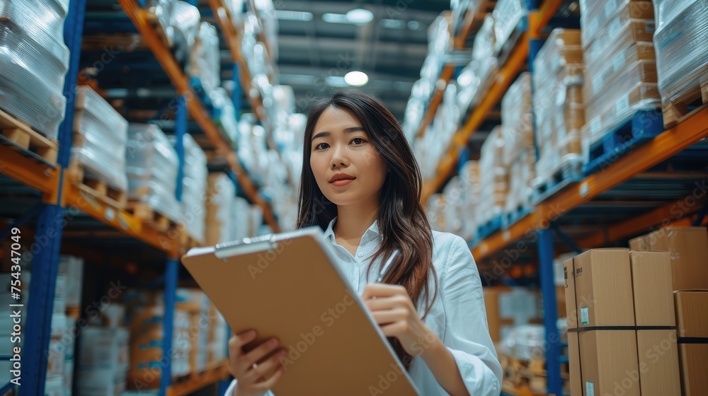 Happy Asian businesswoman or manager with clipboard checking at warehouse. Generative AI. - obrazy, fototapety, plakaty 