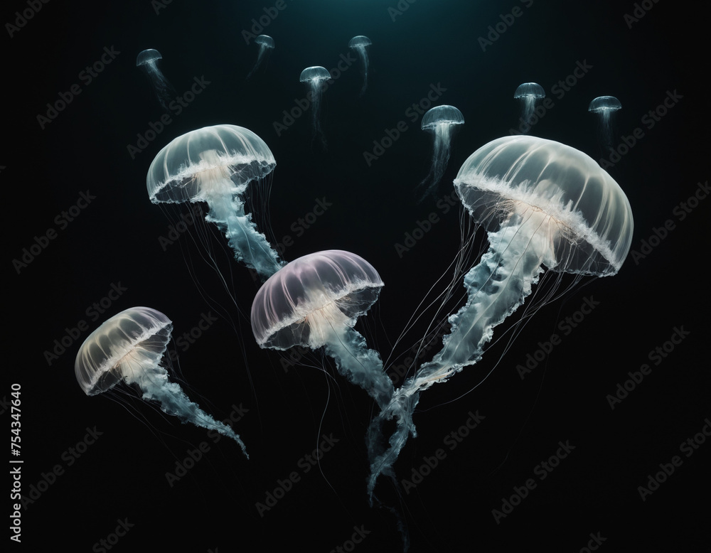 Colorful jellyfish swimming in a black sea.