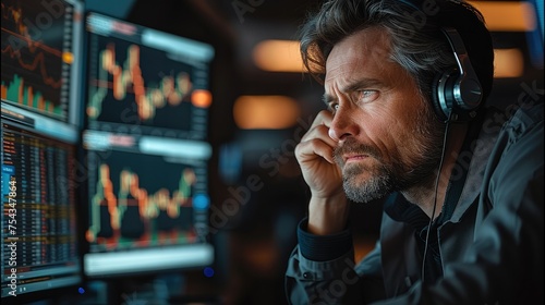 Sad trader sitting with computer screens. Generative AI. photo