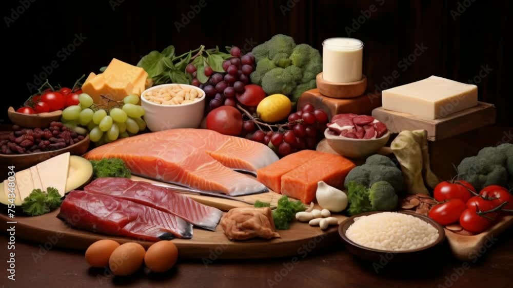 Table full of food items including fruits, vegetables, and dairy products Table full of food items including fruits, vegetables, and dairy products