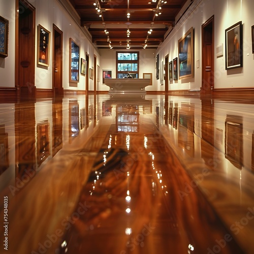 Art Gallery Interior with Reflective Wooden Floors