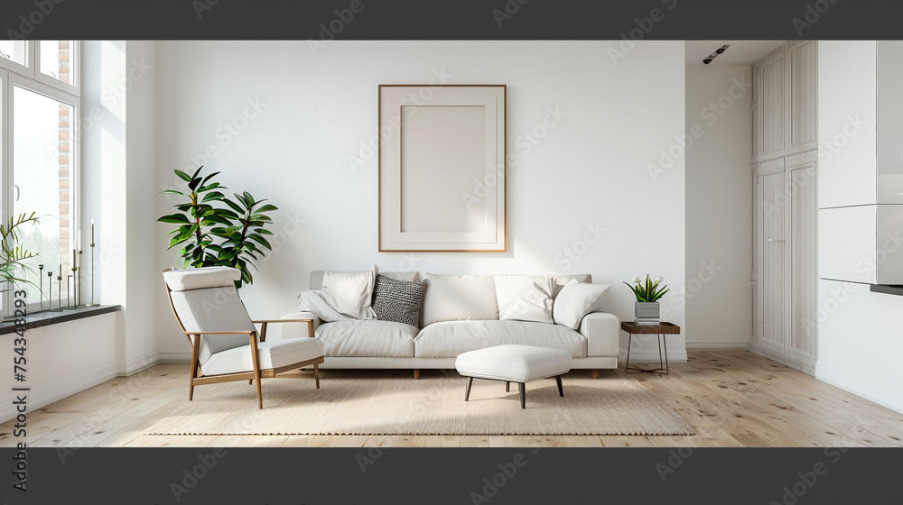 A living room with a white couch and a white chair A living room with a white couch and a white chair