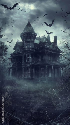 A creepy house with bats flying around it