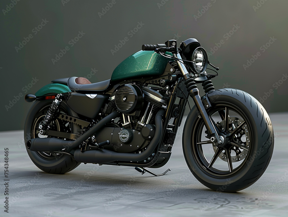 A modern green bobber style motorcycle with a classic American design touch. A modern green bobber style motorcycle with a classic American design touch.