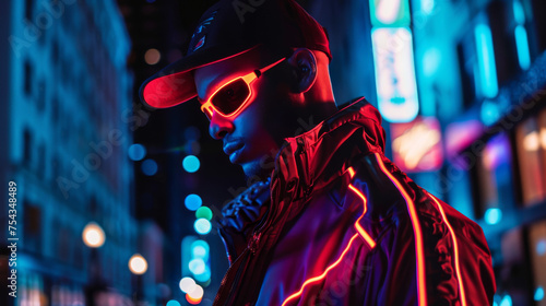 Man with glowing glasses in neon city, cyberpunk fashion, night urban scene