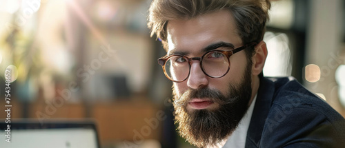 Pensive businessman with a beard staring seriously in a sunlight-filled workspace.