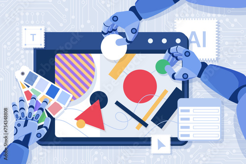 Creation of visual content with AI, automation of art production. Robot arms hold geometric shapes and palette of colors to create together digital content on tablet screen cartoon vector illustration
