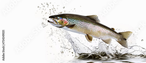 Dynamic trout leaping in splashing water against a white background.