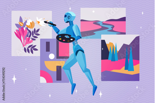 Art content generator, creativity of artificial intelligence. Robot artist with brush and palette flying to draw creative picture in virtual digital gallery of artworks cartoon vector illustration