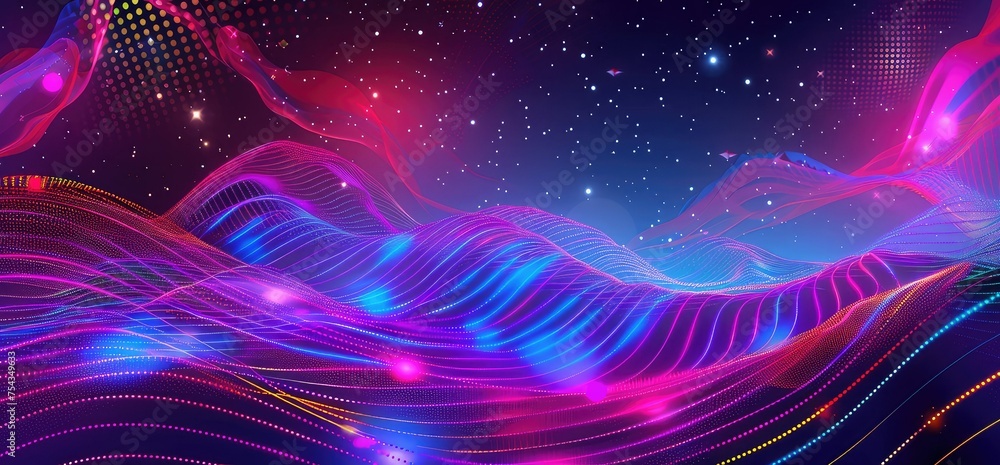 Futuristic neon background with a grid on the background of the mountains. Futuristic neon background with a grid on the background of the mountains.