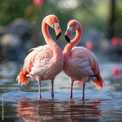 Two pink flamingos standing in the water.