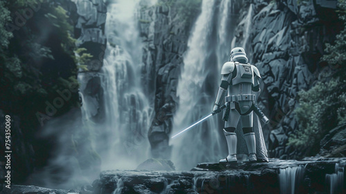 waterfall in the forest robot standing image.