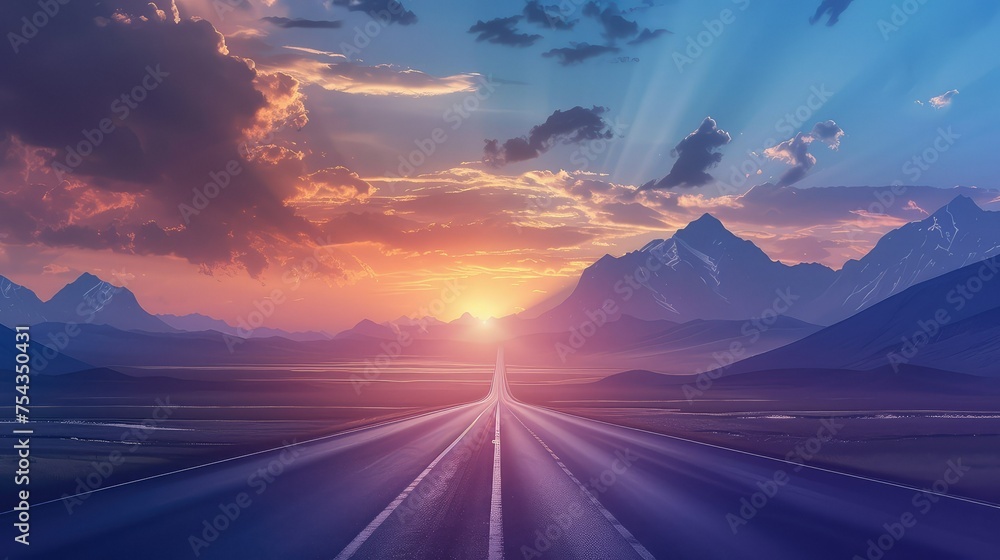 Retro future of the 80s. 1980s retro futuristic background style. Road to the mountains at sunrise in 1980s style