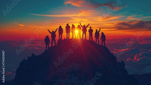 Silhouette back group of man team celebrating success on top mountain, sky and sunset background. Business, teamwork, achievement and person concept. Vector illustration.