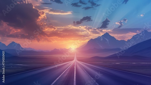 Retro future of the 80s. 1980s retro futuristic background style. Road to the mountains at sunrise in 1980s style © Suwanlee