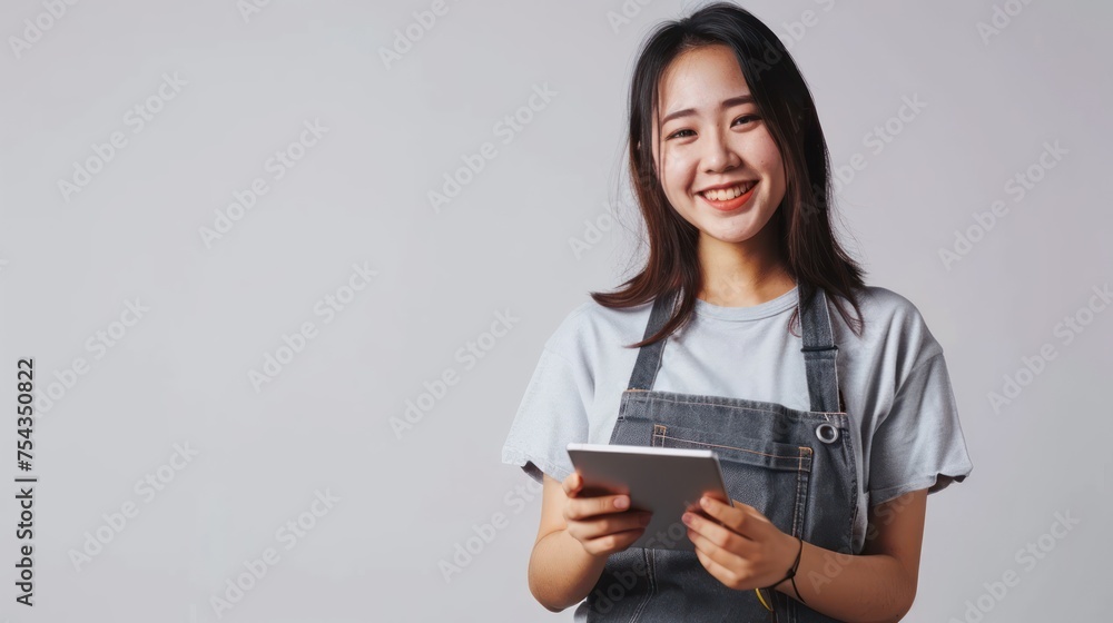 young smiling welcome asian female woman business owner wear apron hand holding tablet ready for your order on white color background, restaurant, pretty, uniform young smiling welcome asian female woman business owner wear apron hand holding tablet ready for your order on white color background, restaurant, pretty, uniform