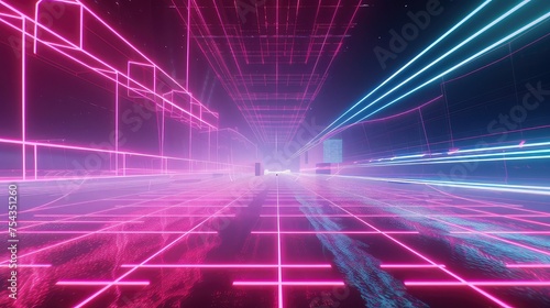 Retro synthwave neon grid background.