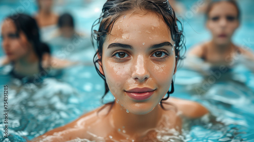 Young woman in the pool, smiles and looks in camera. Group exercise in the pool. © vladzelinski