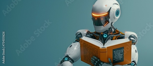 In the context of future mathematics artificial intelligence, a homonoid robot reading a book and solving math data analytics photo