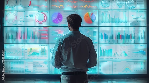 Rear view. Man looking at a large screen, which contains digital marketing graphs, such as turnover, income, development. Generative AI.