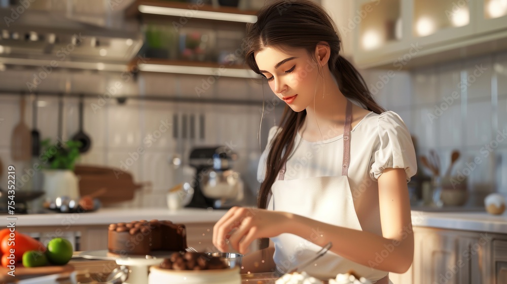 Young woman decorating a chocolate cake in a sunny home kitchen scene. Culinary art in a domestic setting with a woman preparing a delicious dessert. Home baking perfected by a woman in a kitchen