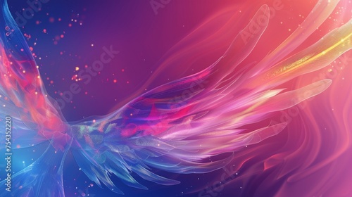 Colorful digital art of feather shapes with neon glow. Vivid abstract artwork resembling feathers on dynamic backdrop. Artistic representation of feathers in a swirling pink and blue neon light. © Irina.Pl
