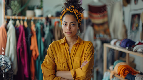 Confident fashion boutique owner in yellow shirt, stylish headscarf, retail shop