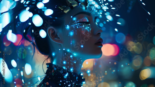 Woman with luminous makeup and butterfly, ethereal beauty, bokeh light effect