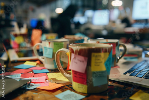 Zoom in on the coffee mugs littered with post-it notes  showcasing the late-night hustle and determination of the team