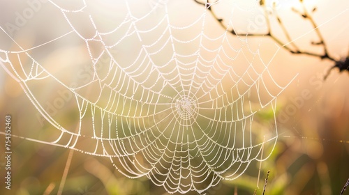 Spider's web is highlighted by glistening dewdrops, captured in the golden glow of a sunrise