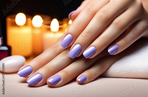 Close-up of a beautiful female hand with lilac nails on a dark blurred background of the spa salon. Conceptual hand care