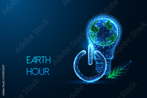 Earth Hour concept with Earth in a lightbulb, power button, and green leaf symbols.