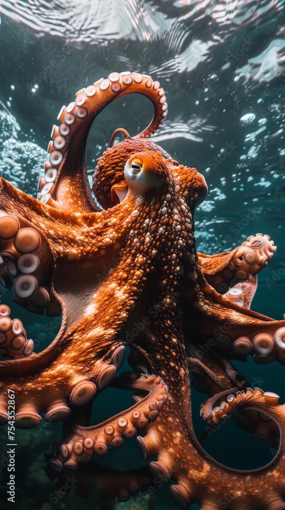 A realistic depiction of an octopus gracefully swimming in the open waters A realistic depiction of an octopus gracefully swimming in the open waters