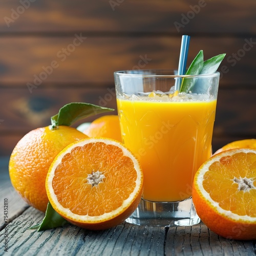 Fresh orange juice for drink in glass on wooden table - Healthy food concept