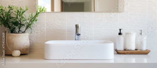 A white ceramic sink with a tap is positioned against a tiled wall, with a mirror above it and a soap dispenser nearby. The bathroom is well-lit, stylish, and features a glass window.
