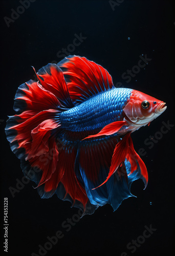 Red and blue fighting fish on black background