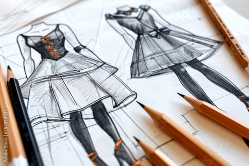 Detailed close-up of four unique fashion sketches coming to life on the drawing board, minimalistic style, © HASAN