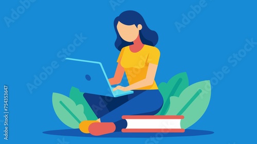Young woman working on laptop with plant and books