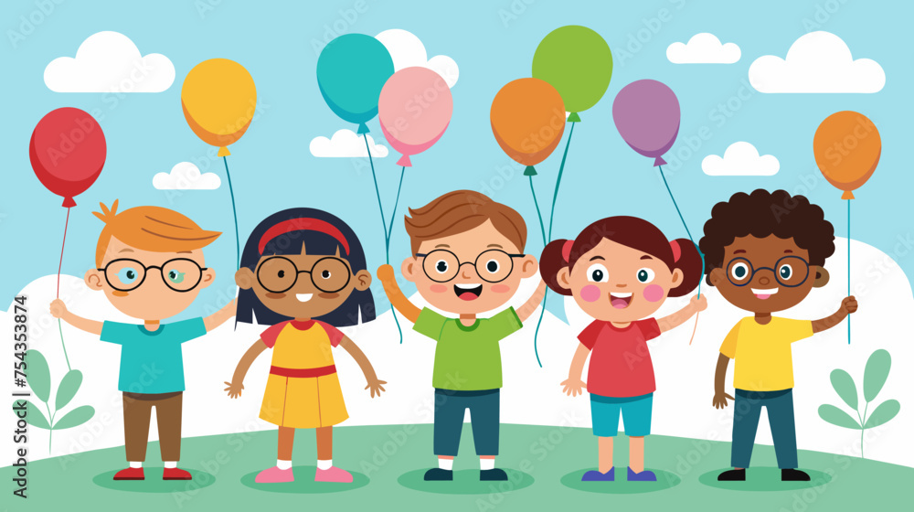 Diverse group of happy children playing with balloons outdoors Diverse group of happy children playing with balloons outdoors